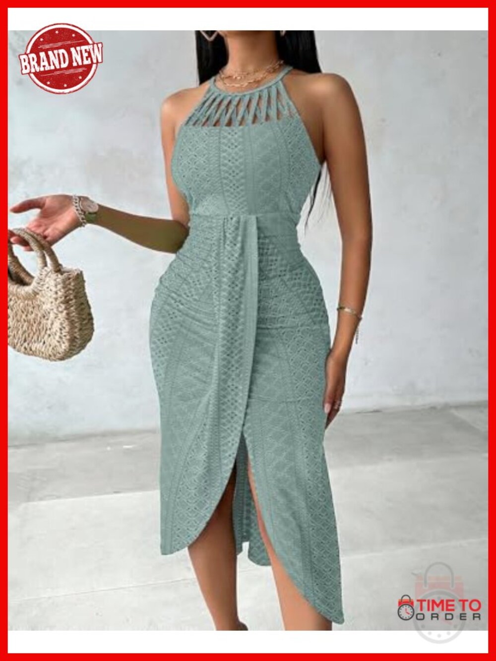 CHICME Summer Halter Ruched Bodycon Maxi Dress Eyelet Embroidery - Picture 5 of 6